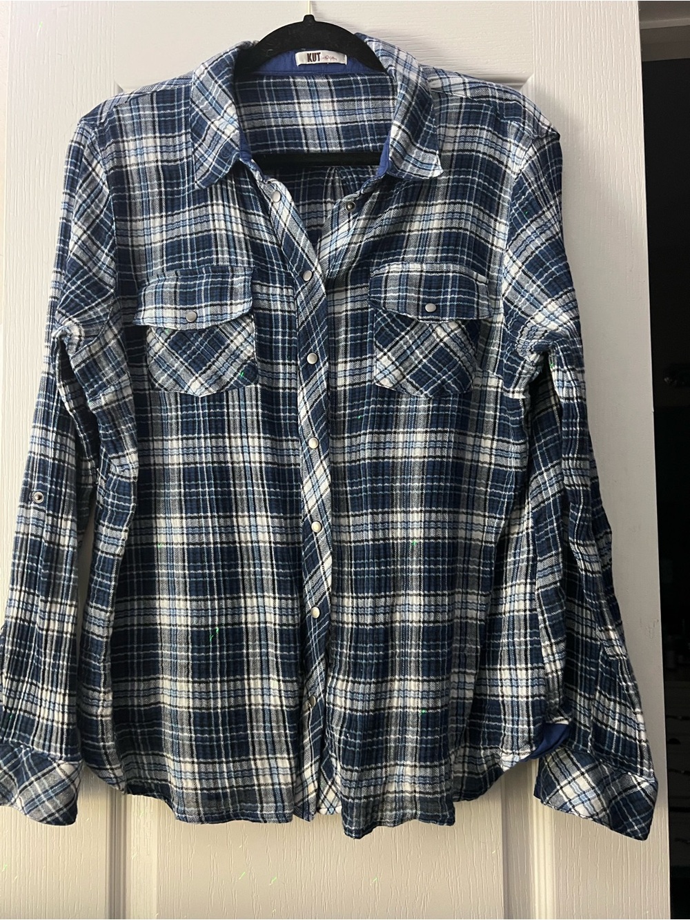 Kut from the Kloth Navy and White Plaid Button-Down Shirt